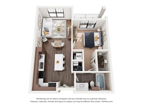Floor plan for 1 bed, 1 bath, 619 sqft